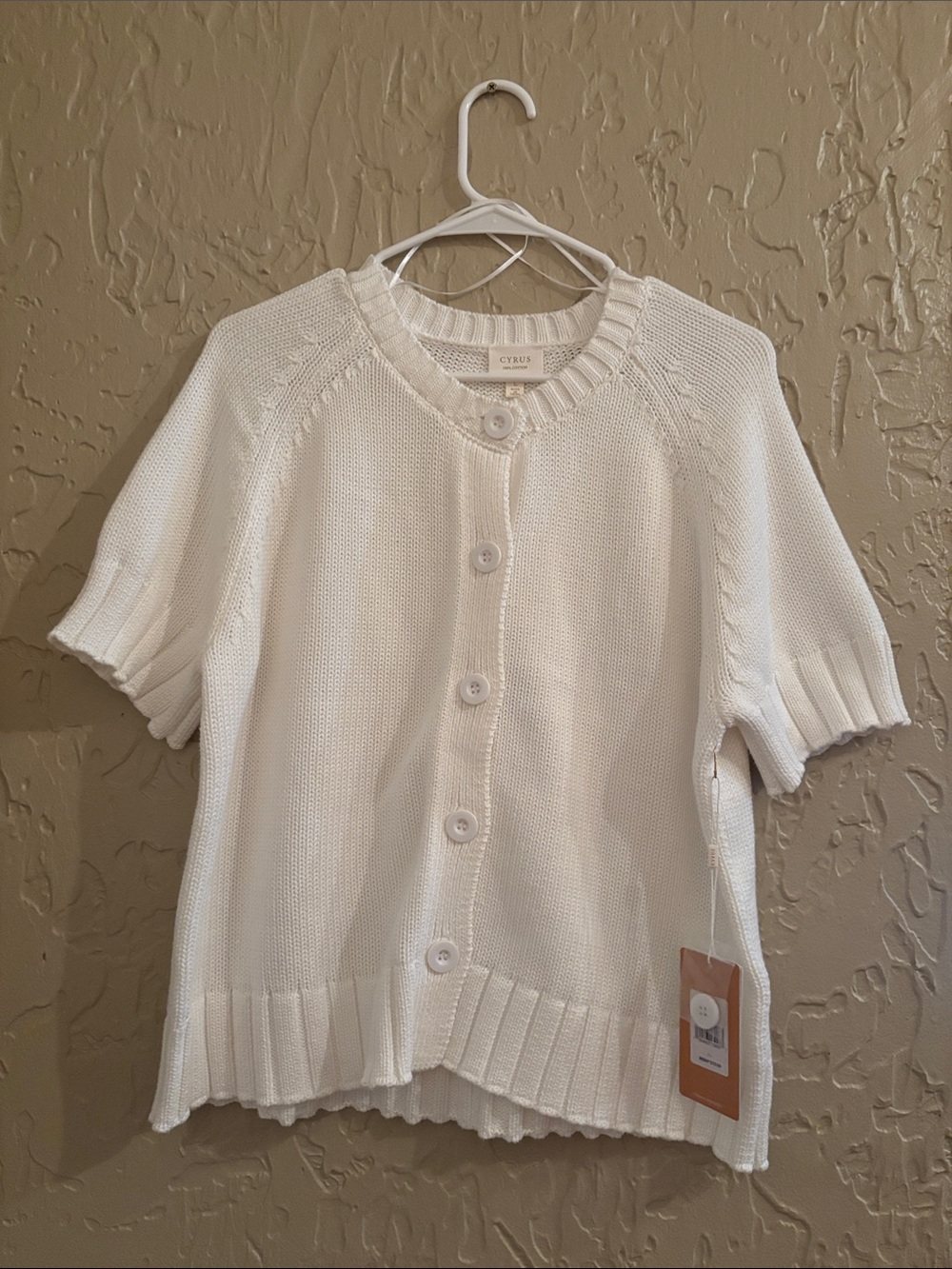 Cyrus Bone Colored Short-Sleeve Button Knit Cardigan NWT 100% Cotton